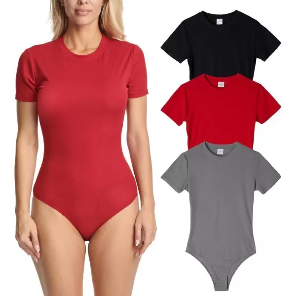 Real Essentials 3 Pack Womens Round Neck Short Sleeve Ribbed Shapewear Bodysuit Shirt Tops  Available in Plus SizeSet 5