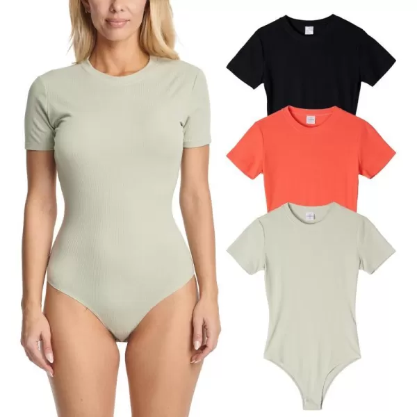 Real Essentials 3 Pack Womens Round Neck Short Sleeve Ribbed Shapewear Bodysuit Shirt Tops  Available in Plus SizeSet 6