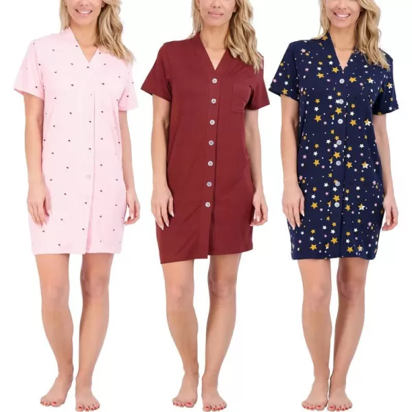 Real Essentials 3 Pack Womens Short Sleeve Full ButtonDown Henley Nightshirt Nightgown Sleep Dress Available In Plus SizeHenley Shirt Set 2