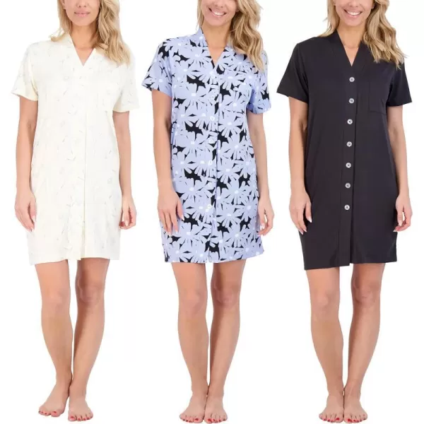 Real Essentials 3 Pack Womens Short Sleeve Full ButtonDown Henley Nightshirt Nightgown Sleep Dress Available In Plus SizeHenley Shirt Set 3