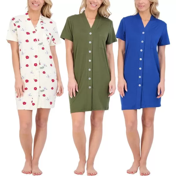 Real Essentials 3 Pack Womens Short Sleeve Full ButtonDown Henley Nightshirt Nightgown Sleep Dress Available In Plus SizeHenley Shirt Set 4