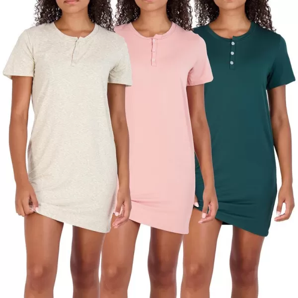 Real Essentials 3 Pack Womens Short Sleeve Henley Nightshirt Nightgown Sleep Dress Available In Plus SizeSet 1