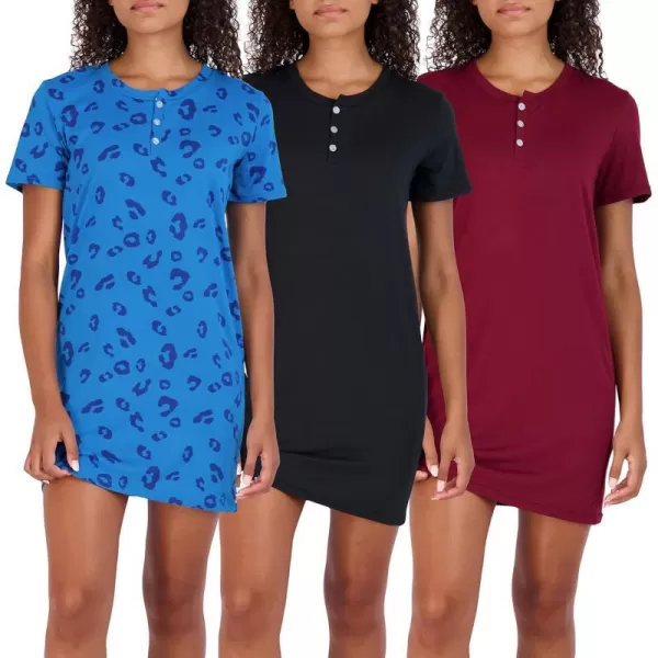 Real Essentials 3 Pack Womens Short Sleeve Henley Nightshirt Nightgown Sleep Dress Available In Plus SizeSet 7