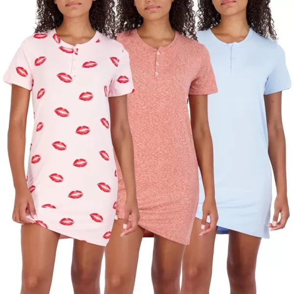 Real Essentials 3 Pack Womens Short Sleeve Henley Nightshirt Nightgown Sleep Dress Available In Plus SizeSet 8