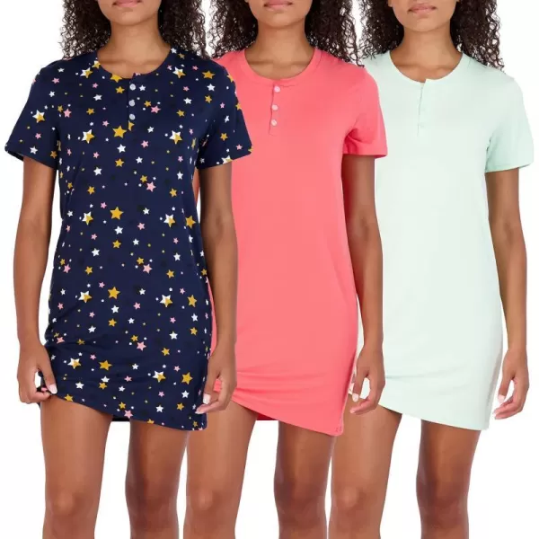 Real Essentials 3 Pack Womens Short Sleeve Henley Nightshirt Nightgown Sleep Dress Available In Plus SizeStandard Set 6