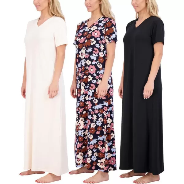 Real Essentials 3 Pack Womens Soft Maxi Long Nightshirt Short Sleeve Soft Nightgown Sleep Dress Available in Plus SizeSet 4