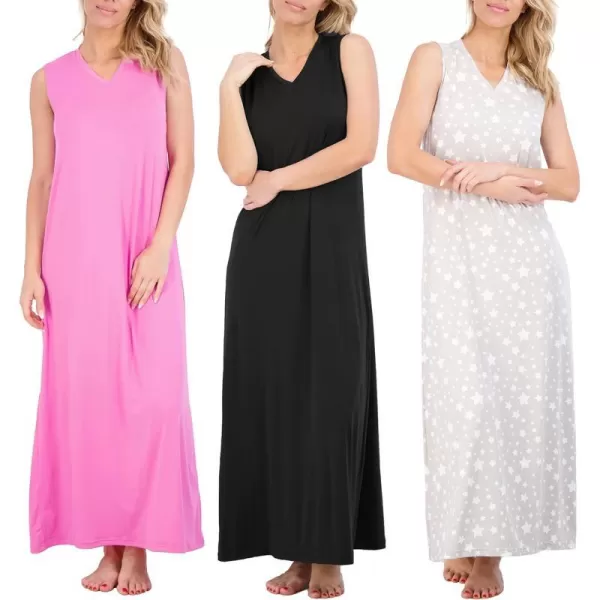 Real Essentials 3 Pack Womens Soft Tank Nightgown Sleeveless Nightshirt Sleep Dress Available In Plus SizeSet 2