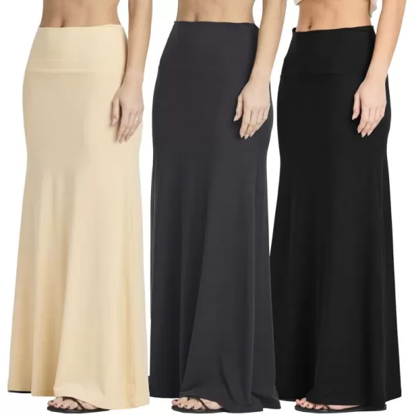 Real Essentials 3 Pack Womens UltraSoft Flowy Maxi High Waisted Long Skirts Available in Plus SizeSet 5