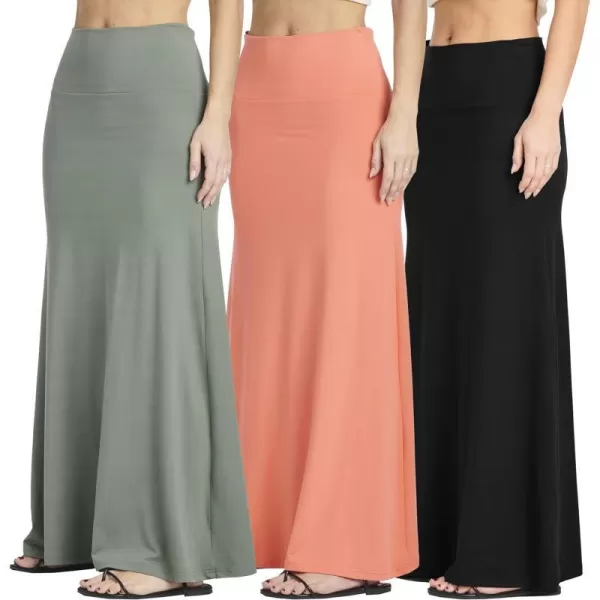 Real Essentials 3 Pack Womens UltraSoft Flowy Maxi High Waisted Long Skirts Available in Plus SizeSet 8