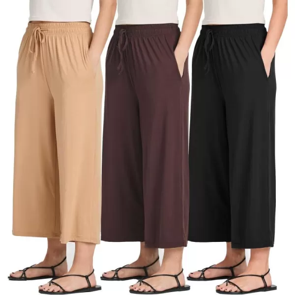 Real Essentials 3 Pack Womens UltraSoft Wide Leg Loose Capri Open Bottom Pants  Yoga Lounge PocketsAvailable in PlusSet 1