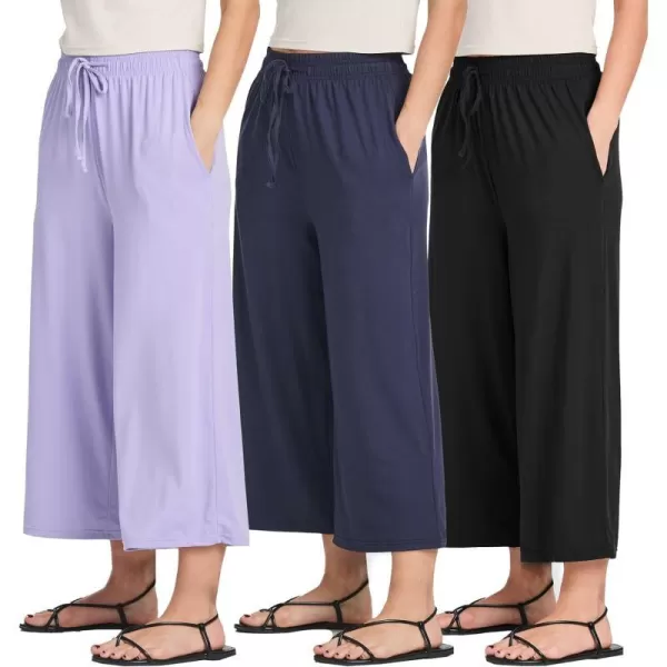 Real Essentials 3 Pack Womens UltraSoft Wide Leg Loose Capri Open Bottom Pants  Yoga Lounge PocketsAvailable in PlusSet 2