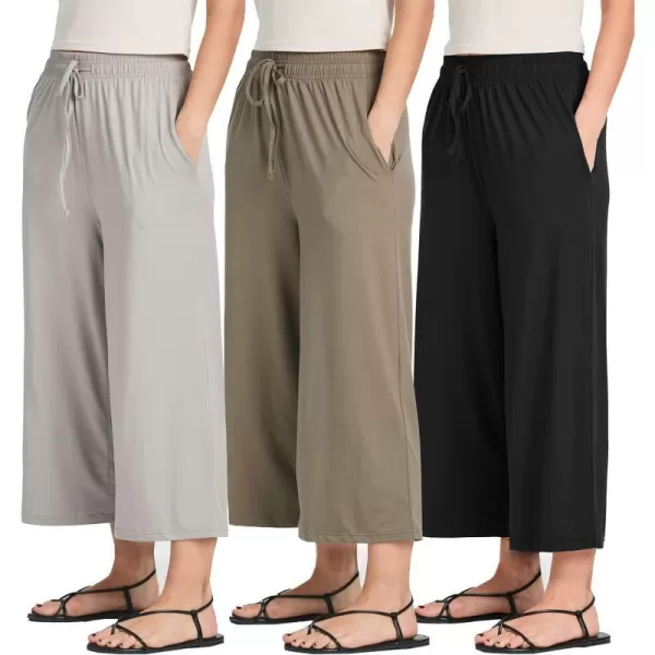 Real Essentials 3 Pack Womens UltraSoft Wide Leg Loose Capri Open Bottom Pants  Yoga Lounge PocketsAvailable in PlusSet 3