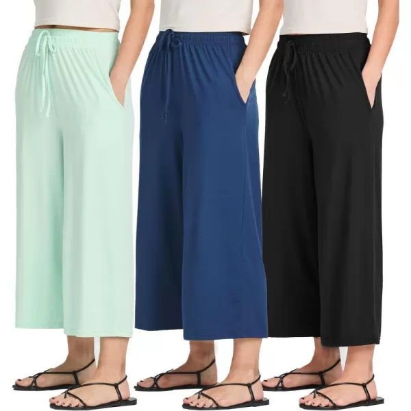 Real Essentials 3 Pack Womens UltraSoft Wide Leg Loose Capri Open Bottom Pants  Yoga Lounge PocketsAvailable in PlusSet 4