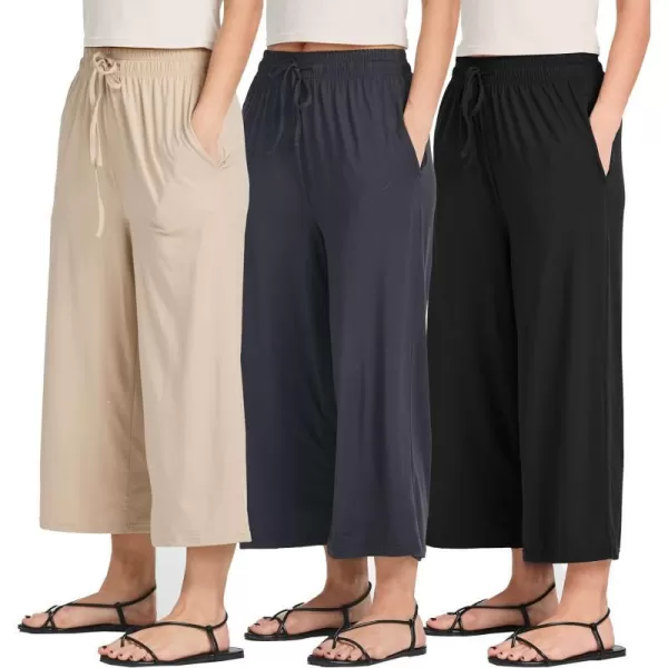 Real Essentials 3 Pack Womens UltraSoft Wide Leg Loose Capri Open Bottom Pants  Yoga Lounge PocketsAvailable in PlusSet 5