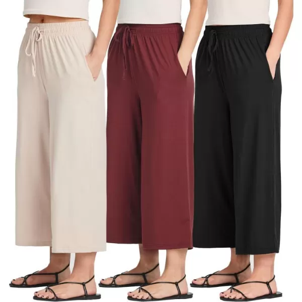 Real Essentials 3 Pack Womens UltraSoft Wide Leg Loose Capri Open Bottom Pants  Yoga Lounge PocketsAvailable in PlusSet 6