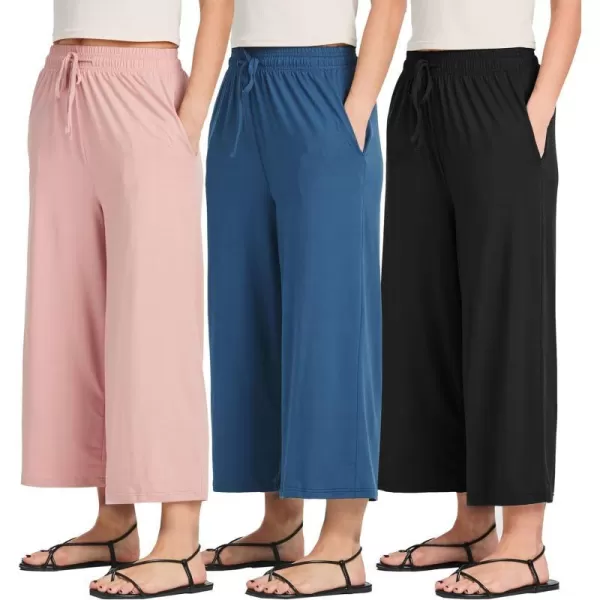 Real Essentials 3 Pack Womens UltraSoft Wide Leg Loose Capri Open Bottom Pants  Yoga Lounge PocketsAvailable in PlusSet 7