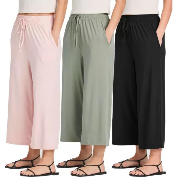 Real Essentials 3 Pack Womens UltraSoft Wide Leg Loose Capri Open Bottom Pants  Yoga Lounge PocketsAvailable in PlusSet 8