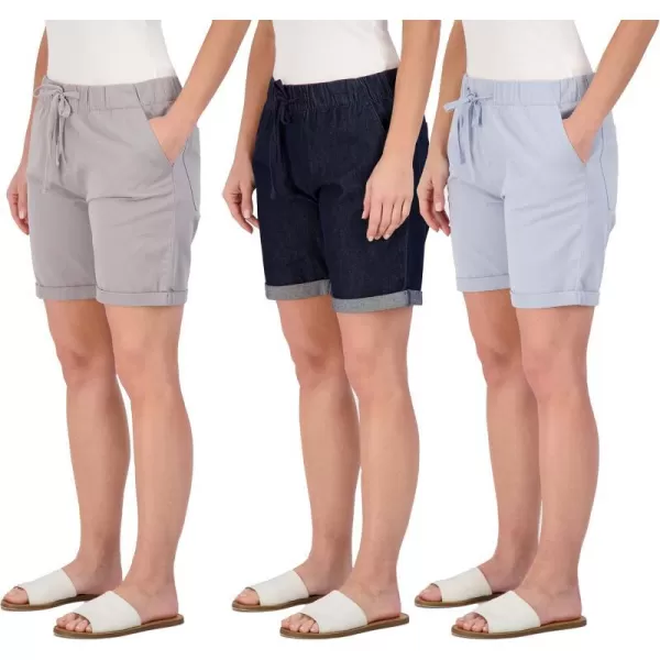 Real Essentials 3Pack Womens Bermuda 7 Denim Shorts  Casual Khaki Long Chino Shorts Drawstring Available in Plus SizePlusSize Set 2