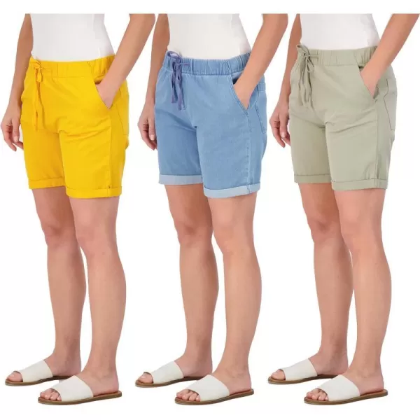 Real Essentials 3Pack Womens Bermuda 7 Denim Shorts  Casual Khaki Long Chino Shorts Drawstring Available in Plus SizePlusSize Set 3