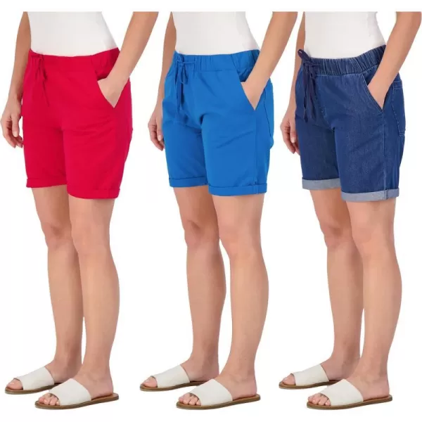 Real Essentials 3Pack Womens Bermuda 7 Denim Shorts  Casual Khaki Long Chino Shorts Drawstring Available in Plus SizeStandard Set 1