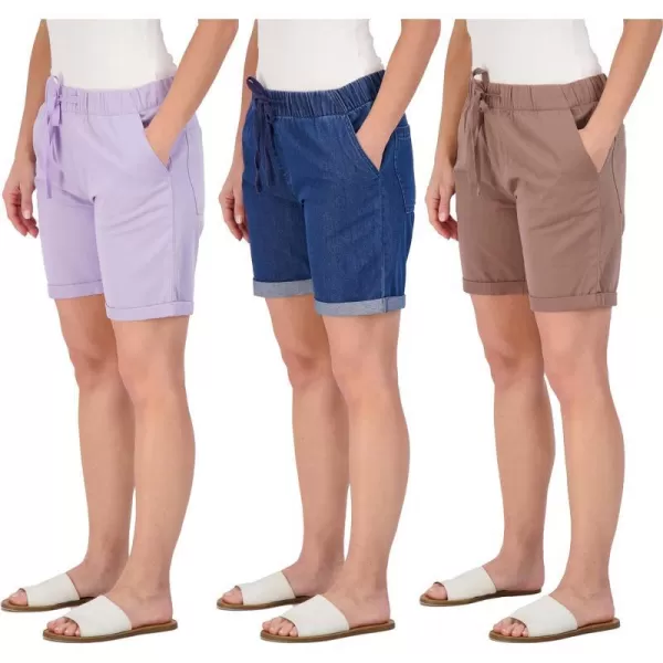 Real Essentials 3Pack Womens Bermuda 7 Denim Shorts  Casual Khaki Long Chino Shorts Drawstring Available in Plus SizeStandard Set 4