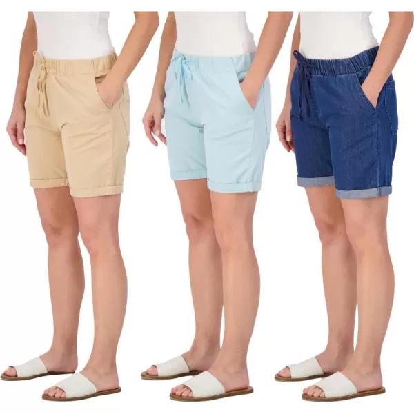 Real Essentials 3Pack Womens Bermuda 7 Denim Shorts  Casual Khaki Long Chino Shorts Drawstring Available in Plus SizeStandard Set 6