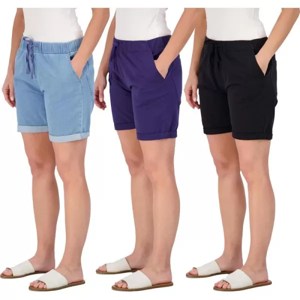 Real Essentials 3Pack Womens Bermuda 7 Denim Shorts  Casual Khaki Long Chino Shorts Drawstring Available in Plus SizeStandard Set 7