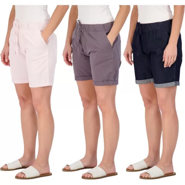 Real Essentials 3Pack Womens Bermuda 7 Denim Shorts  Casual Khaki Long Chino Shorts Drawstring Available in Plus SizeStandard Set 8