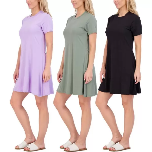 Real Essentials 3Pack Womens Soft Lounge Swing Casual TShirt Dress Available in Plus Sizedress Set 3