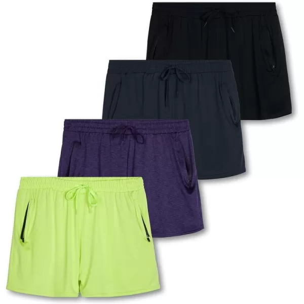 Real Essentials 4 Pack Womens Active Athletic Performance DryFit Shorts with Zipper Pockets Available in Plus SizeSet 12