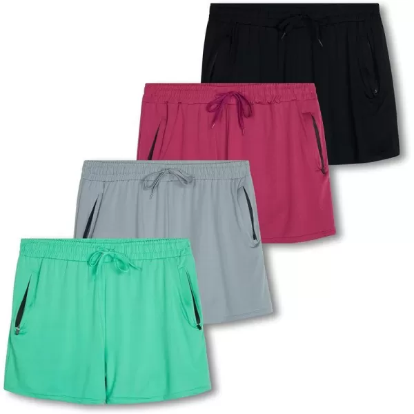 Real Essentials 4 Pack Womens Active Athletic Performance DryFit Shorts with Zipper Pockets Available in Plus SizeSet 14