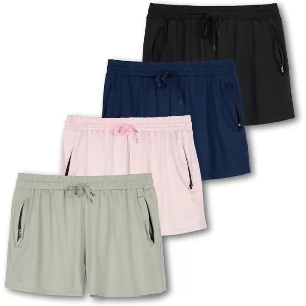 Real Essentials 4 Pack Womens Active Athletic Performance DryFit Shorts with Zipper Pockets Available in Plus SizeSet 4