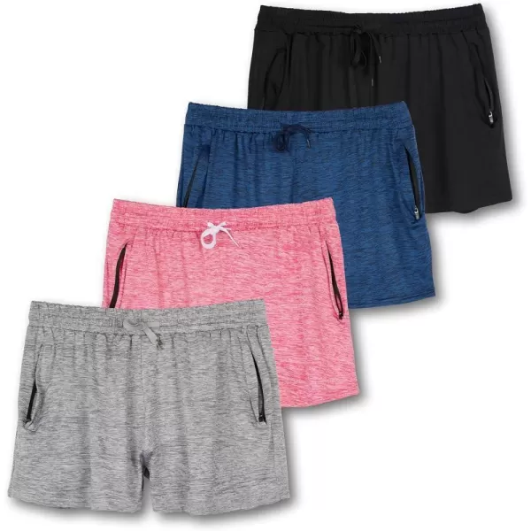 Real Essentials 4 Pack Womens Active Athletic Performance DryFit Shorts with Zipper Pockets Available in Plus SizeSet 7