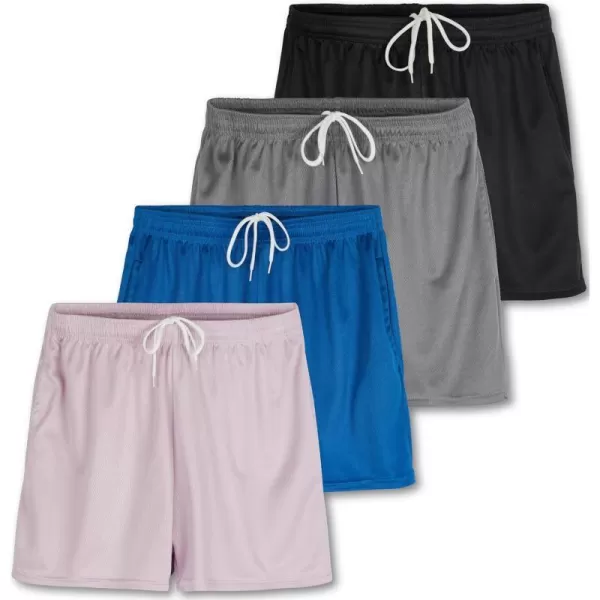 Real Essentials 4 Pack Womens Active Athletic Performance Mesh Shorts with Pockets Available in Plus SizeSet B