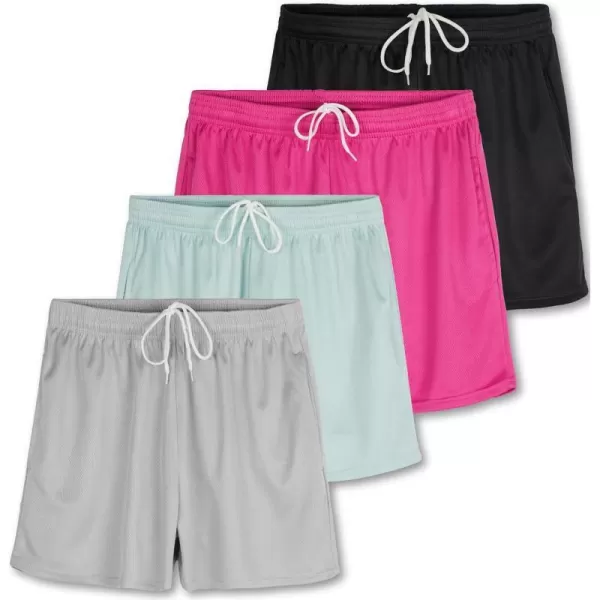 Real Essentials 4 Pack Womens Active Athletic Performance Mesh Shorts with Pockets Available in Plus SizeSet F