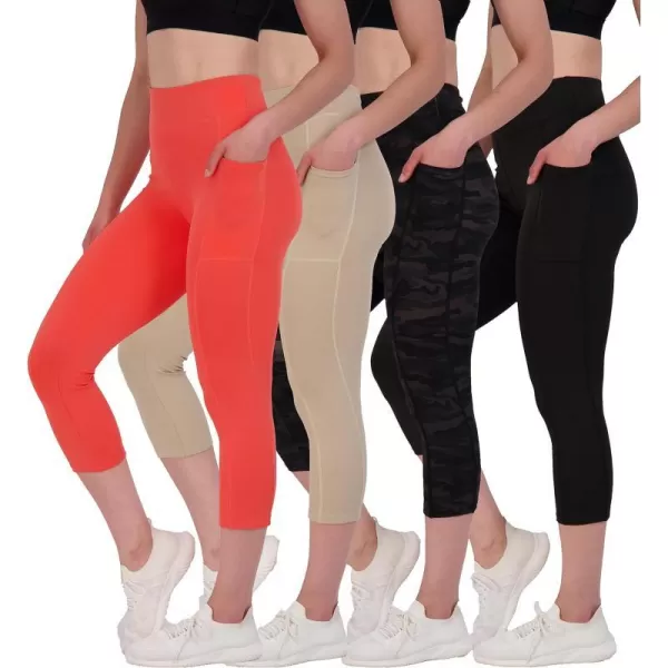 Real Essentials 4 Pack Womens Capri Leggings with Pockets Casual Yoga Workout Exercise Pants Available in Plus SizePlusSize Set 8