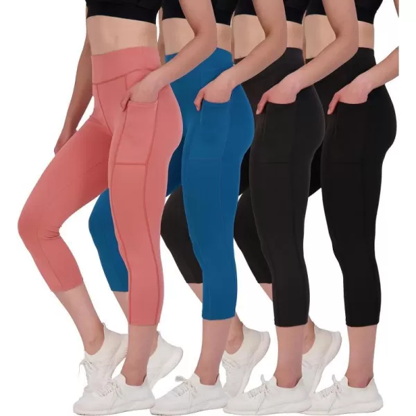 Real Essentials 4 Pack Womens Capri Leggings with Pockets Casual Yoga Workout Exercise Pants Available in Plus SizeStandard Set 2