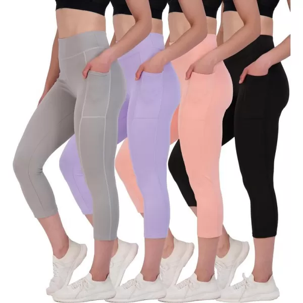 Real Essentials 4 Pack Womens Capri Leggings with Pockets Casual Yoga Workout Exercise Pants Available in Plus SizeStandard Set 4