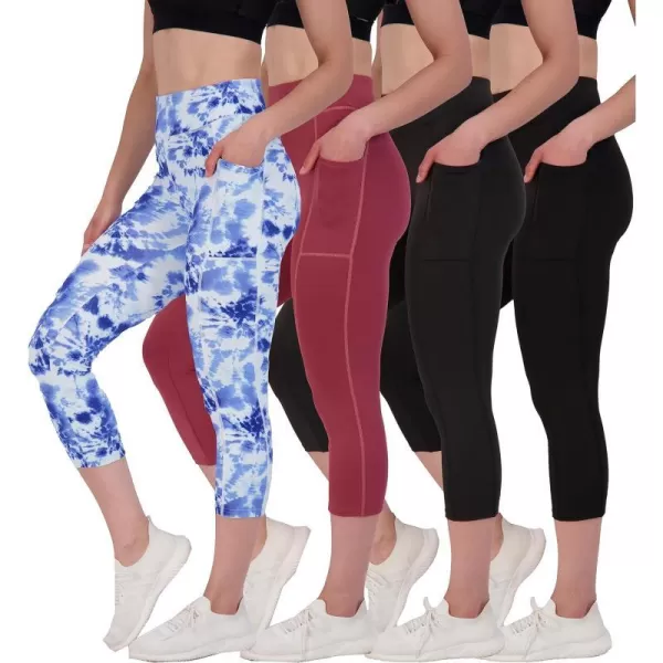 Real Essentials 4 Pack Womens Capri Leggings with Pockets Casual Yoga Workout Exercise Pants Available in Plus SizeStandard Set 6