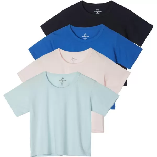 Real Essentials 4 Pack Womens Cotton Short Sleeve Crop Top  Cropped Casual Crew Neck TShirts Available in Plus SizeStandard Set 1