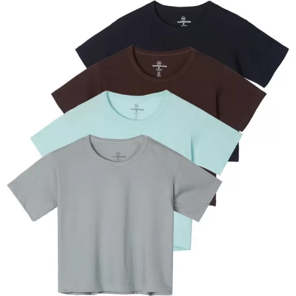 Real Essentials 4 Pack Womens Cotton Short Sleeve Crop Top  Cropped Casual Crew Neck TShirts Available in Plus SizeStandard Set 2