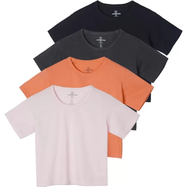 Real Essentials 4 Pack Womens Cotton Short Sleeve Crop Top  Cropped Casual Crew Neck TShirts Available in Plus SizeStandard Set 3