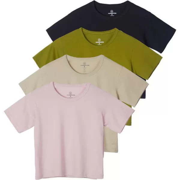 Real Essentials 4 Pack Womens Cotton Short Sleeve Crop Top  Cropped Casual Crew Neck TShirts Available in Plus SizeStandard Set 4