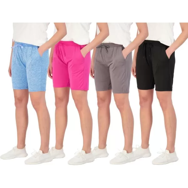 Real Essentials 4 Pack Womens DryFit Athletic 7 Bermuda Long High Waisted Running Shorts Available in Plus SizeSet 12