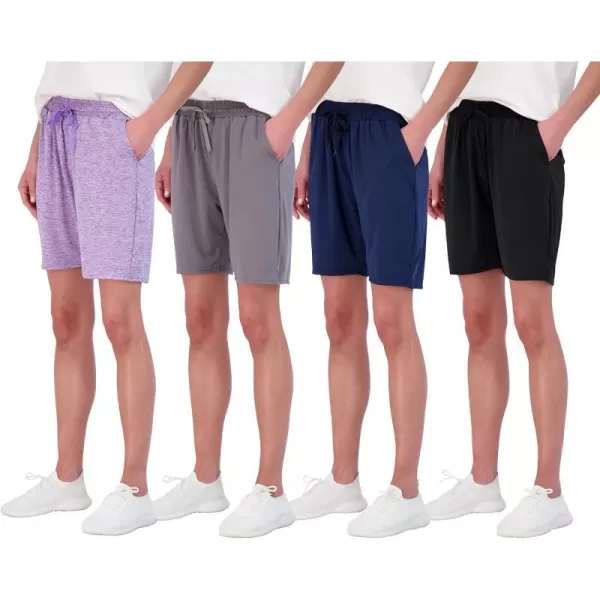 Real Essentials 4 Pack Womens DryFit Athletic 7 Bermuda Long High Waisted Running Shorts Available in Plus SizeSet 2