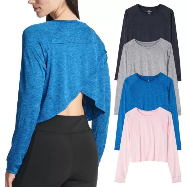 Real Essentials 4 Pack Womens DryFit Long Sleeve Petal Back Crop Top  Athletic Cropped Tee Available in Plus SizeStandard Set 1