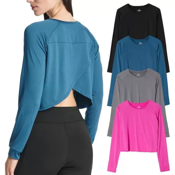 Real Essentials 4 Pack Womens DryFit Long Sleeve Petal Back Crop Top  Athletic Cropped Tee Available in Plus SizeStandard Set 4