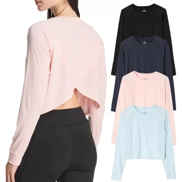 Real Essentials 4 Pack Womens DryFit Long Sleeve Petal Back Crop Top  Athletic Cropped Tee Available in Plus Sizeplussize Set 7