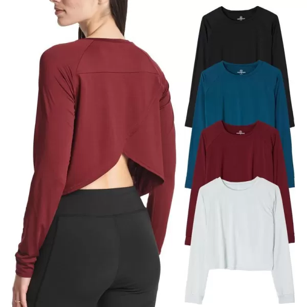 Real Essentials 4 Pack Womens DryFit Long Sleeve Petal Back Crop Top  Athletic Cropped Tee Available in Plus Sizeplussize Set 8