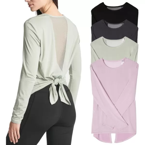 Real Essentials 4 Pack Womens DryFit LongSleeve Tie Back Athletic Workout TShirt Available in Plus SizeStandard Set 1